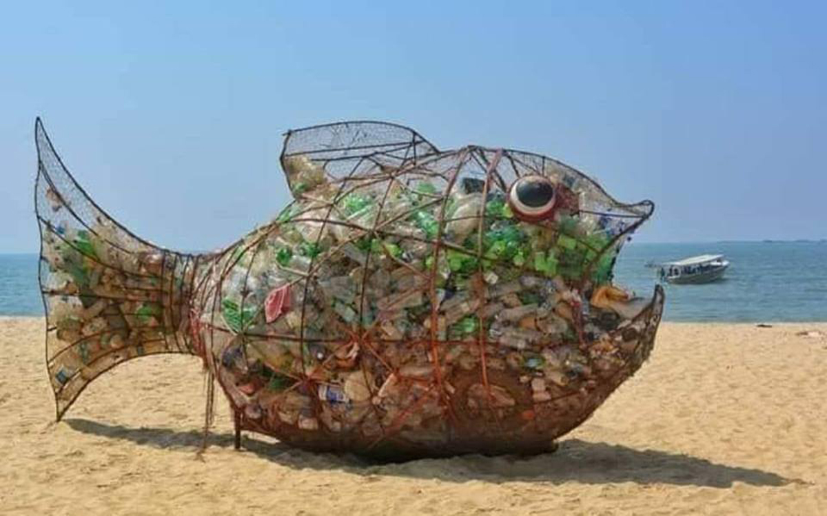 Large recycled plastic fish sculpture in Helsingor situated infront